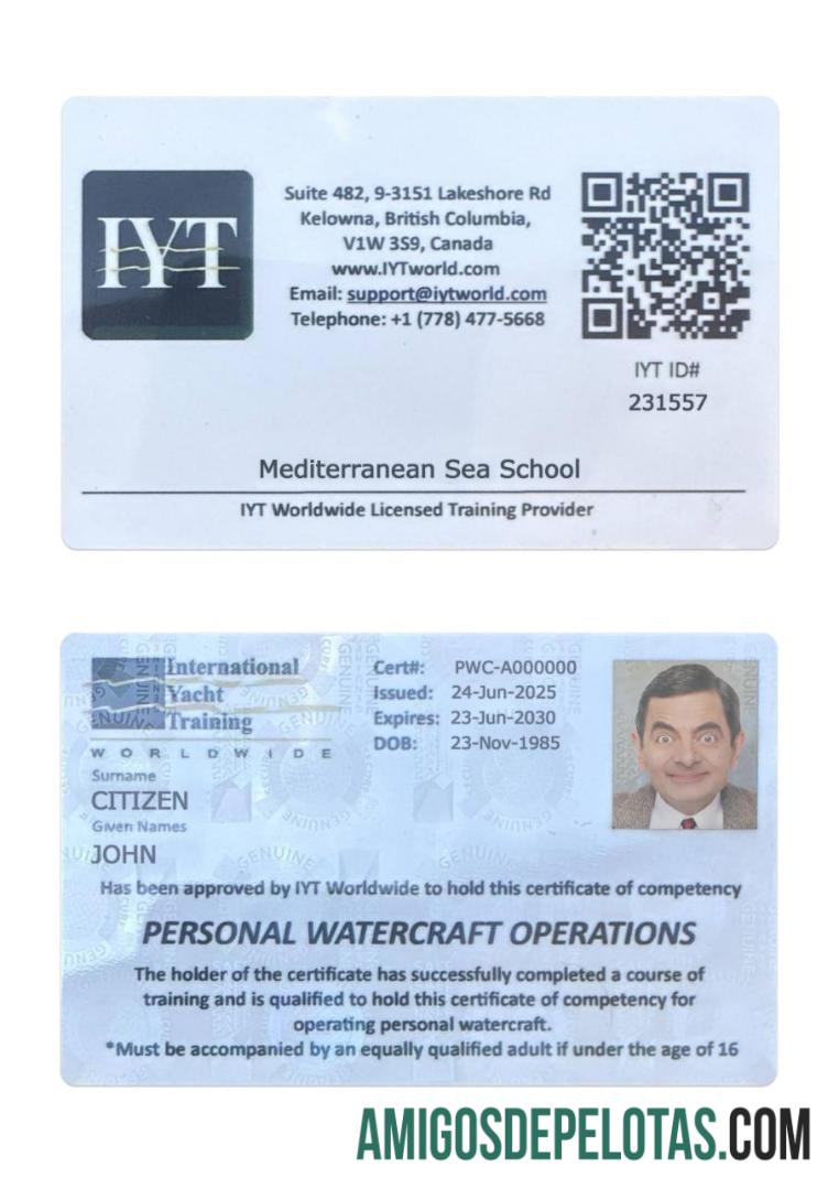 Cartão de treinamento internacional de iate da Colúmbia Britânica do Canadá baixar para verificação